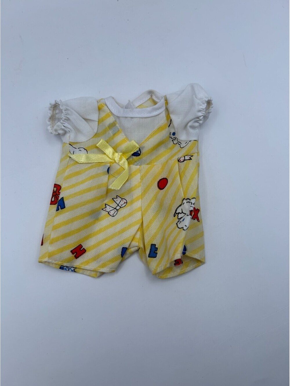Vintage Baby Doll Romper Jumpsuit Yellow Striped ABC Bows Puffed Sleeves Outfit